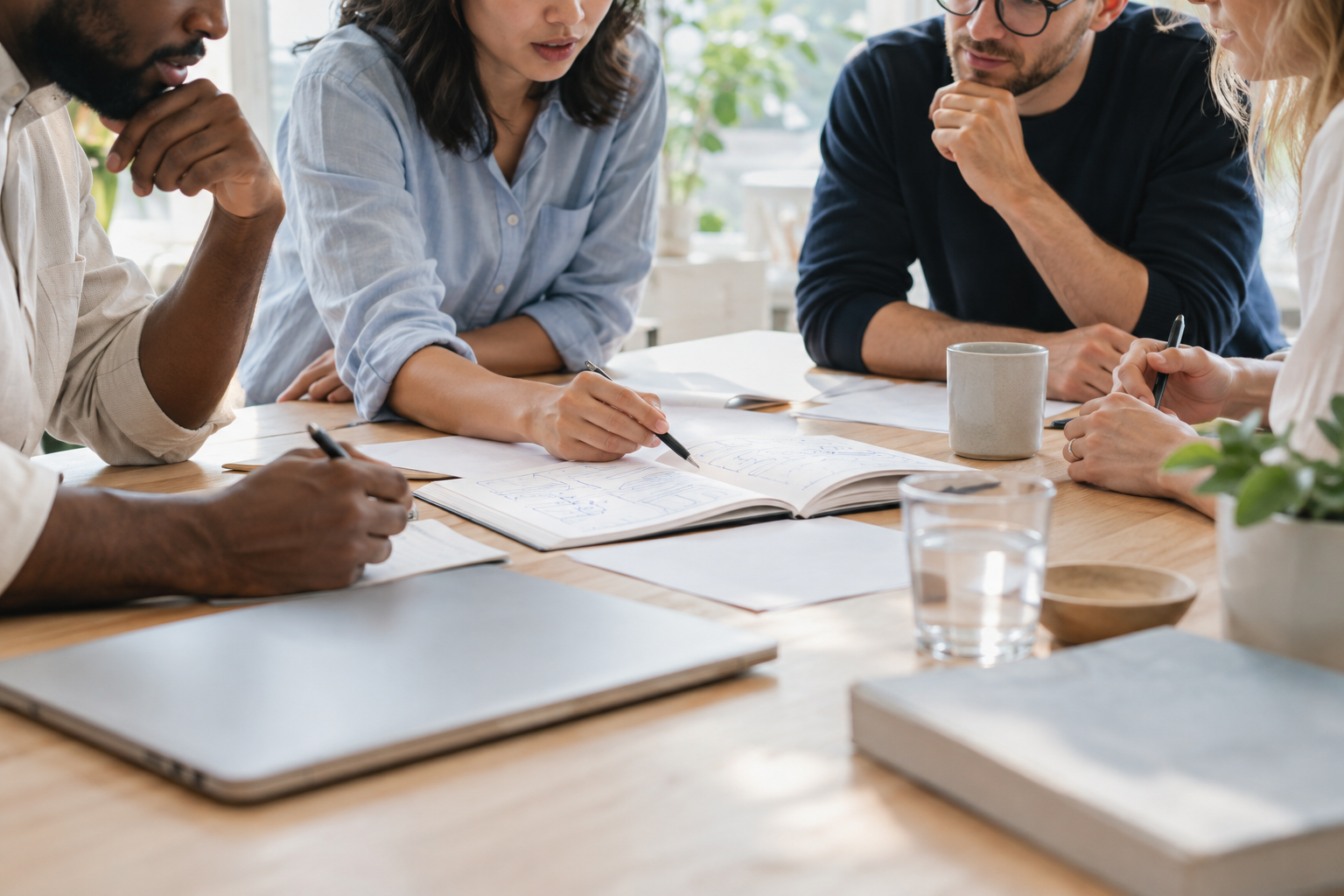 Collega’s die rond een houten tafel notities bespreken en samen aan een onderwerp werken