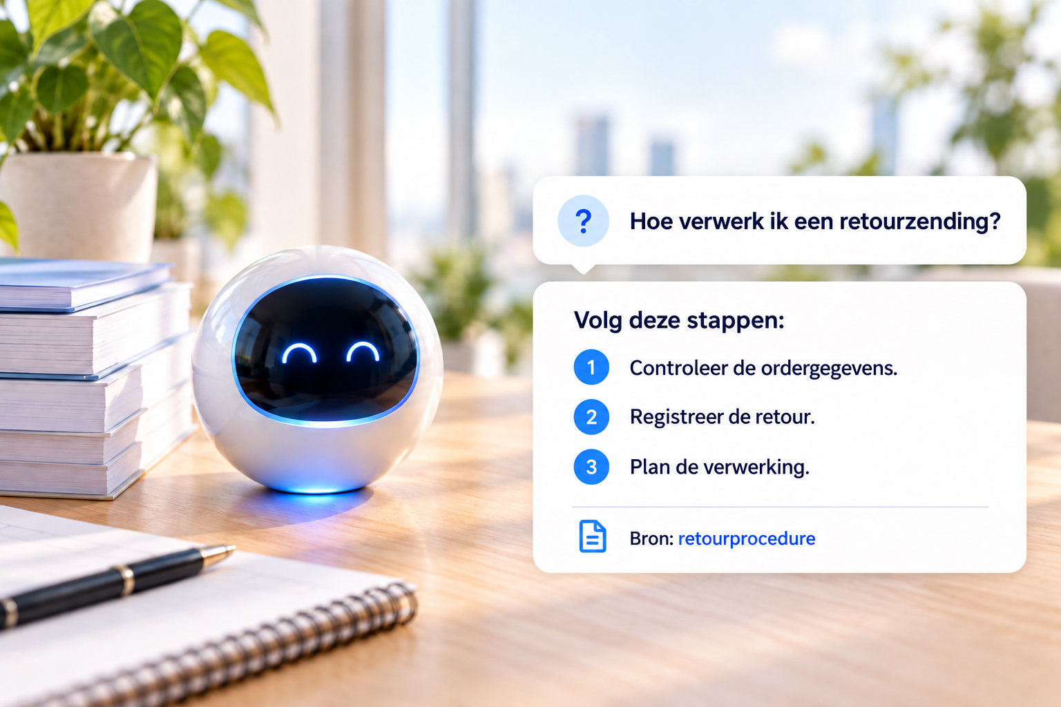 De MAIVA-assistent met een antwoord over het verwerken van een retourzending en een verwijzing naar de retourprocedure
